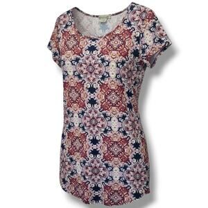 Young USA Medium Medallion Tunic Top Navy Rust Ivory Short Sleeve Boho Knit MED